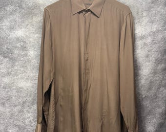 Vintage 80s Genelli Mens Brown 100% Silk Long Sleeve Button Up Shirt Mens S