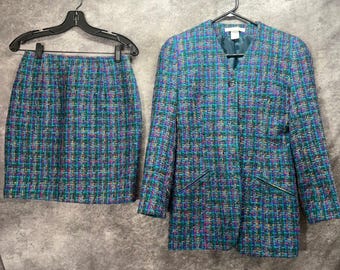 The Limited Vintage 90s Tweed Plaid Blazer Skirt Suit Set Womens S 6 Teal Purple