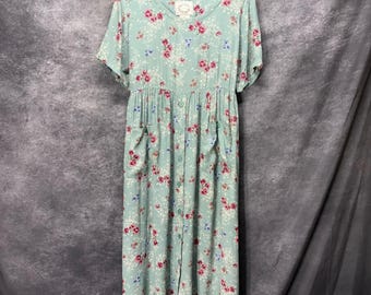 Erika Vintage 90s Floral Maxi Dress Sz M Sage Green Button Front Cottage Grunge