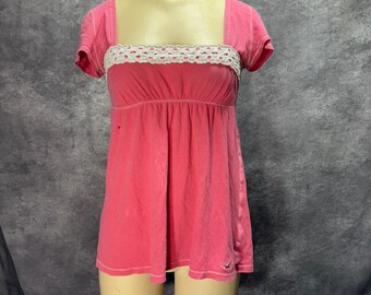 Y2K Hollister Pink Babydoll Top Square Neck Eyelet Lace Trim Size L THRASHED