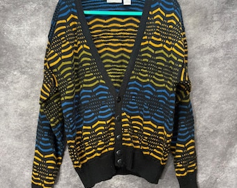 Vintage Santana Cardigan mit geometrischem Zickzackmuster, Herren XL, Gelb, Blau, Schwarz, 80er-Jahre-Stil