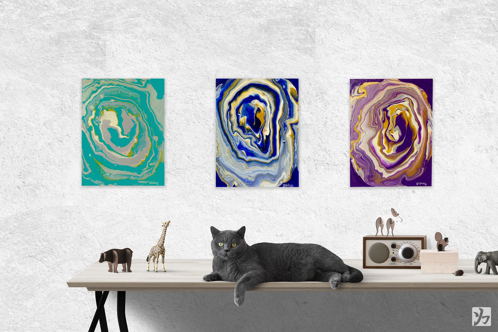 Tableau de Peinture Acrylique, Tourbillon Abstraite, Fluid Art, Tricolore, Acrylique Pouring, Ring P