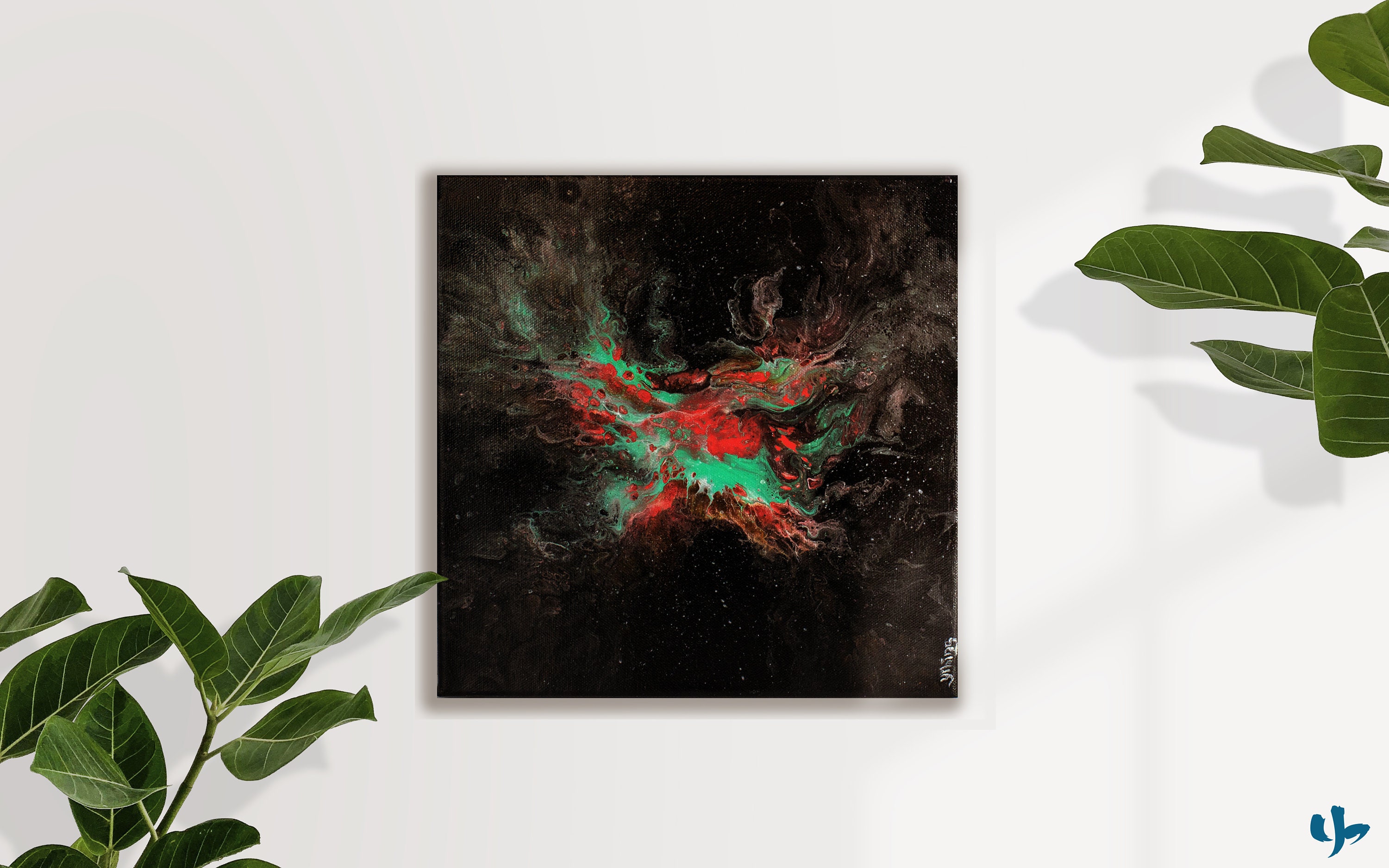 Tableau de Peinture Acrylique, Fleur Abstraite, Fluid Art, Fond Noir, Galaxy, Acrylique Pouring