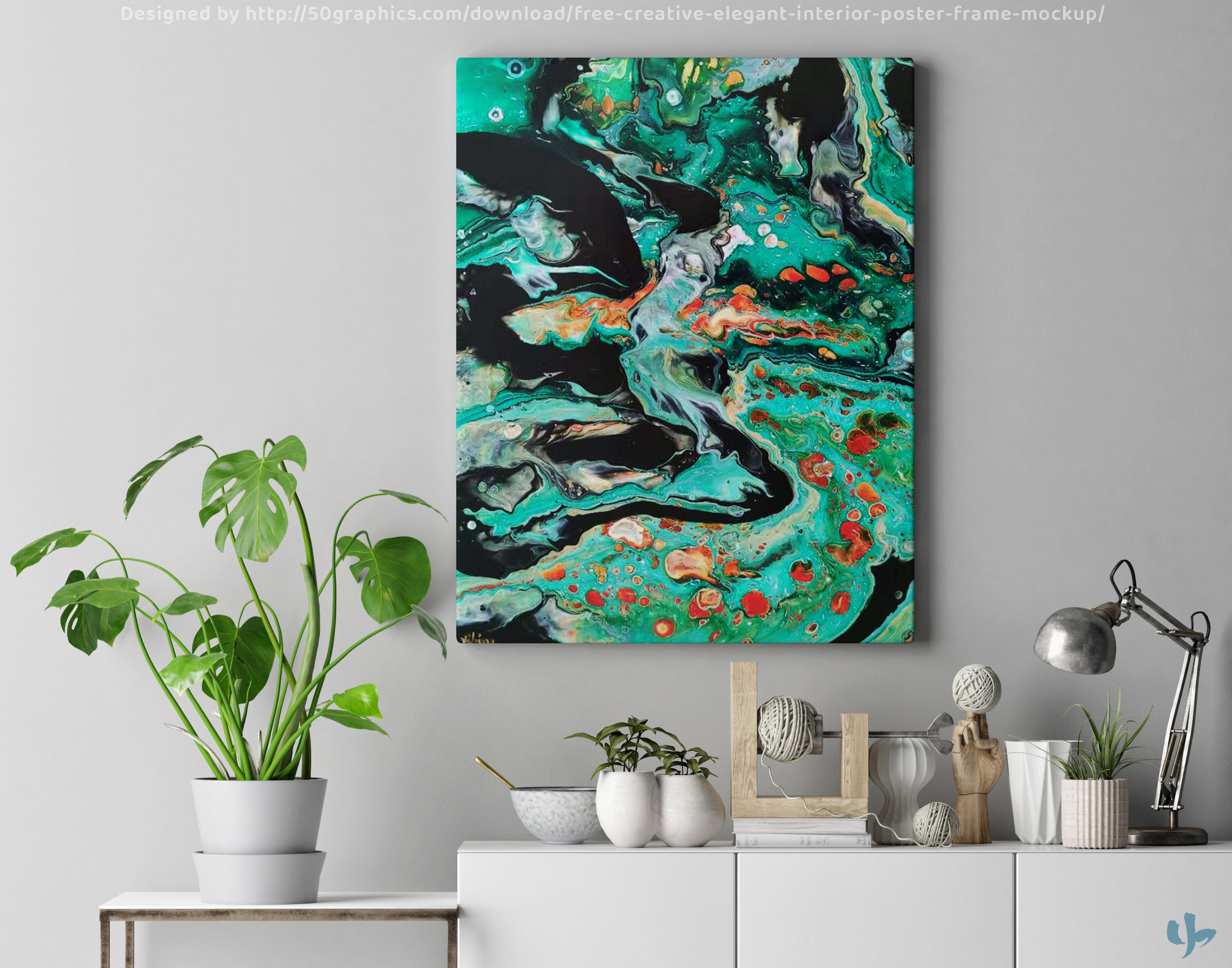 Tableau de Peinture Acrylique, Émeraude Abstrait, Fluid Art, Fond Noir, Acrylique Pouring