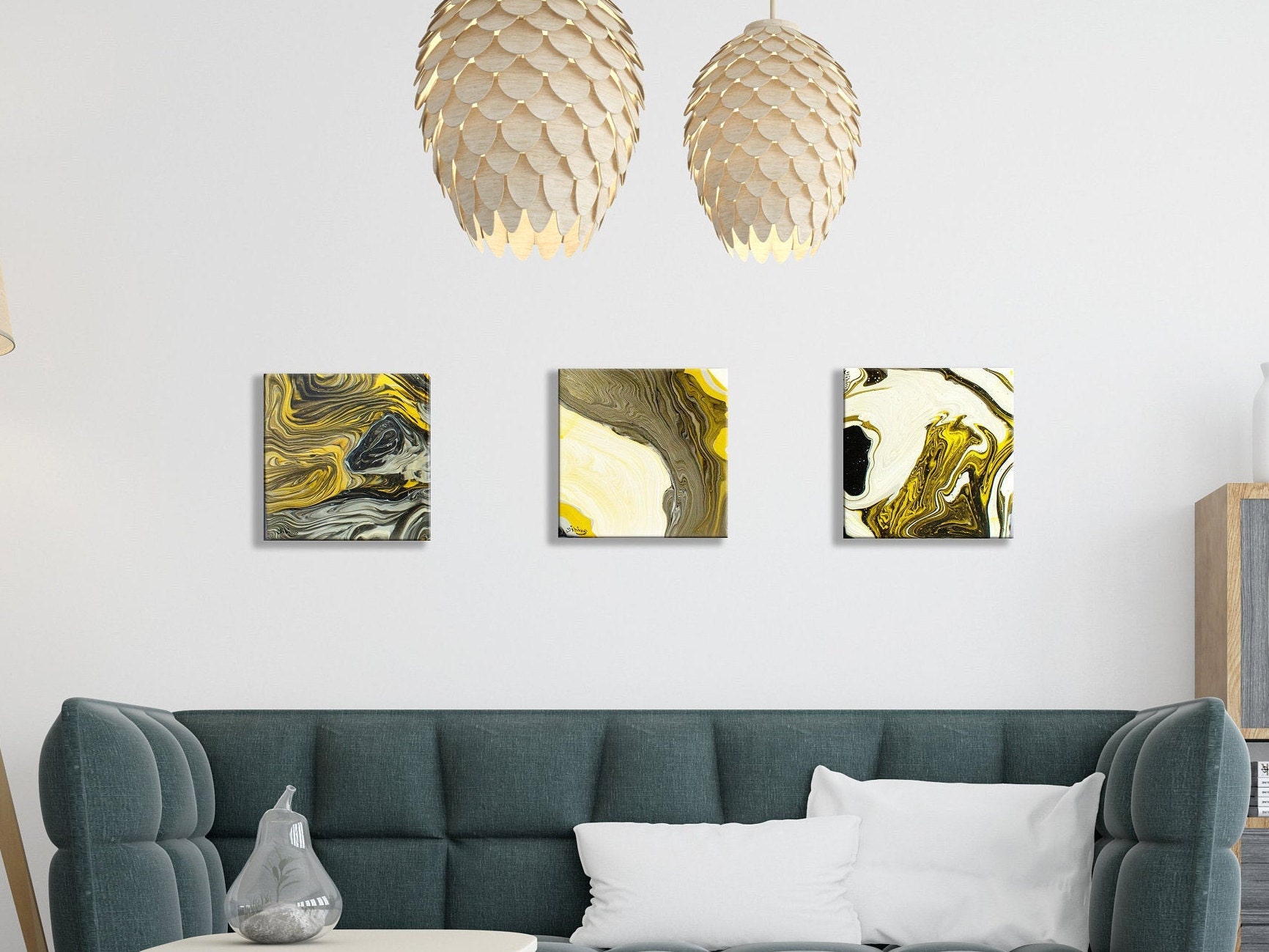 Tableau de Peinture Acrylique, Abstrait, Yin Yang, Fluid Art, Noir et en Or, Coulante 20x20 cm