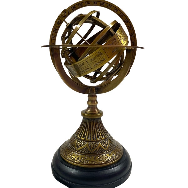 Brass Armillary Sphere Globe on Wooden Base, Zodiac Sign Engraved Armillary Globe, Home & Office Desk Décor