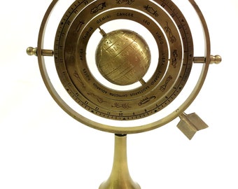 Brass Armillary with Arrow, Engraved Sphere Globe Armillary, Nautical Home & Office Desk Décor