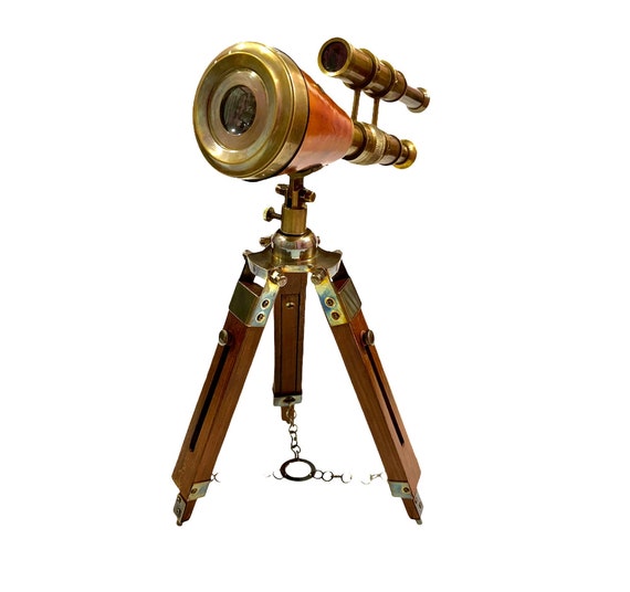 Brass Desk Telescope With Adjustable Wooden Tripod Spy Glass