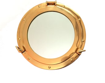 Brass Porthole Mirror Nautical Wall Décor | Round Ship Window Style Mirror | Coastal Marine Bathroom Décor |  Best for Gift