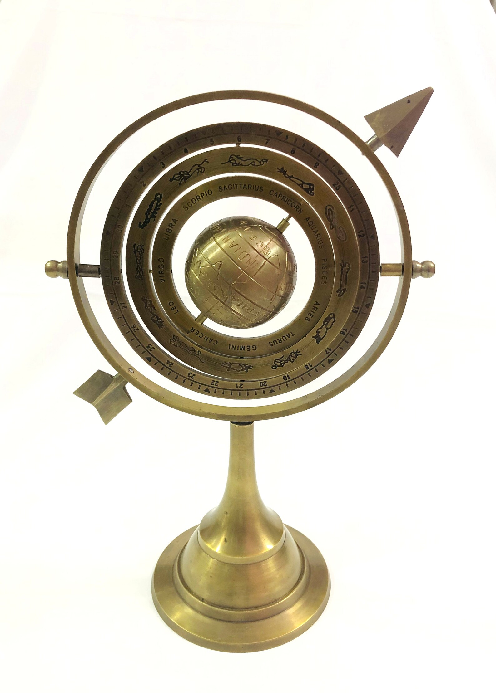 Nautical Brass Armillary Sphere 10 Engraved Globe With Arrow Vintage