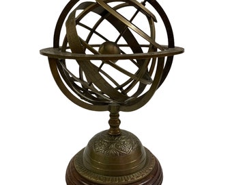 10" Nautical Brass Engraved Armillary Sphere Globe on Wooden Base Office & Home Decor