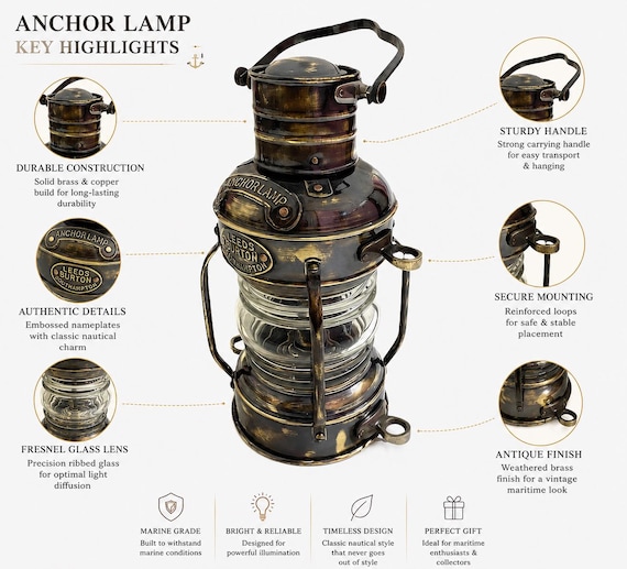 Maritime Anchor Lamp – Rustic Brass Finish Lantern – Seaside