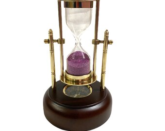 Brass Sand Timer on Wooden Base with Compass/Nautical Maritime Hourglass/Pink Sand Clock/Home & Office Décor