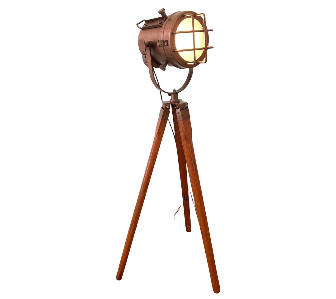 Wooden Tripod Spotlight, Designer Floor Lamp, Brass Studio Light ...