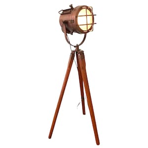 Foco trípode de madera, lámpara de pie de diseño, lámpara de estudio de latón, reflector trípode vintage para dormitorio y sala de estar.