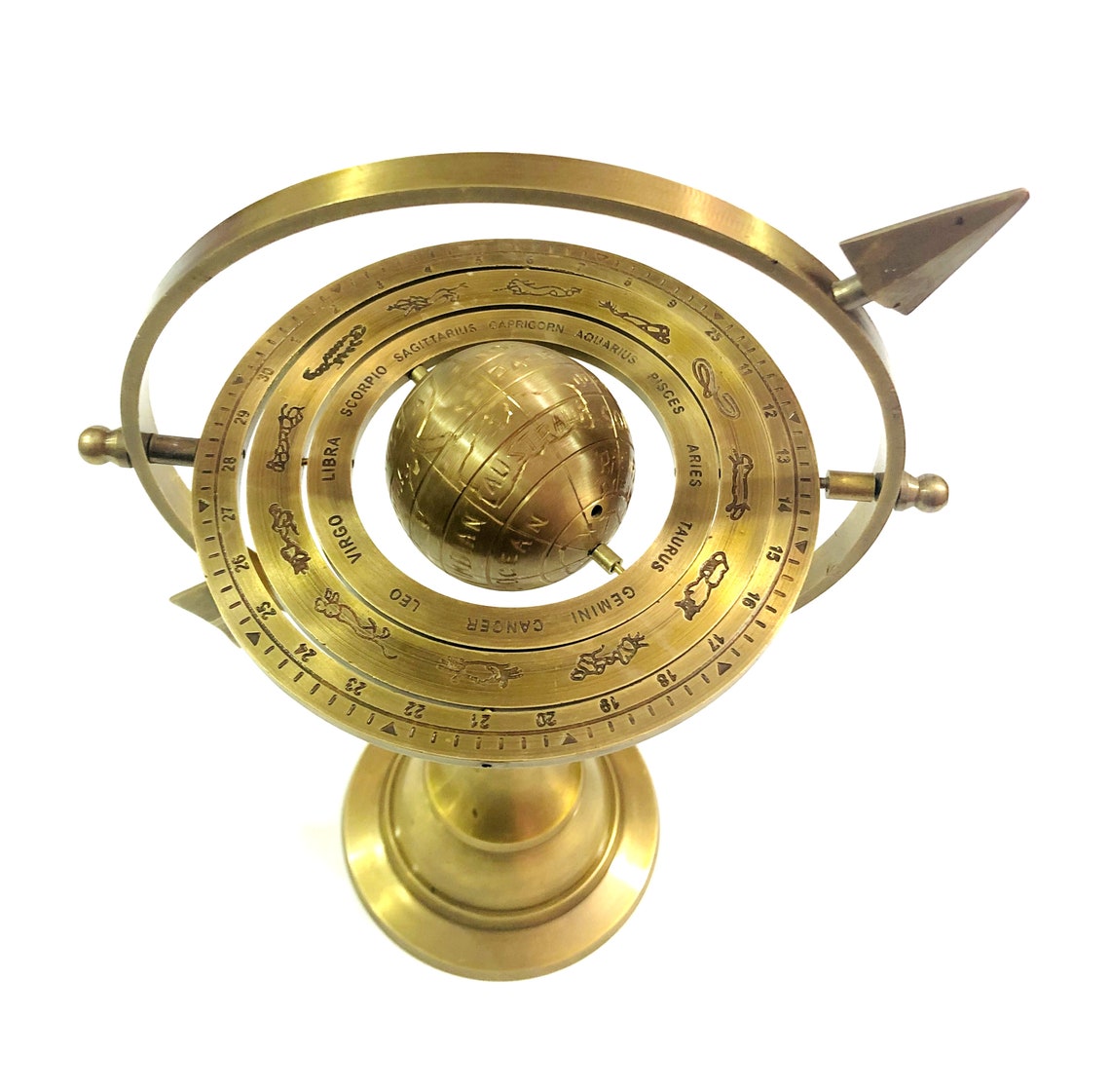 Nautical Brass Armillary Sphere 10 Engraved Globe With Arrow Vintage