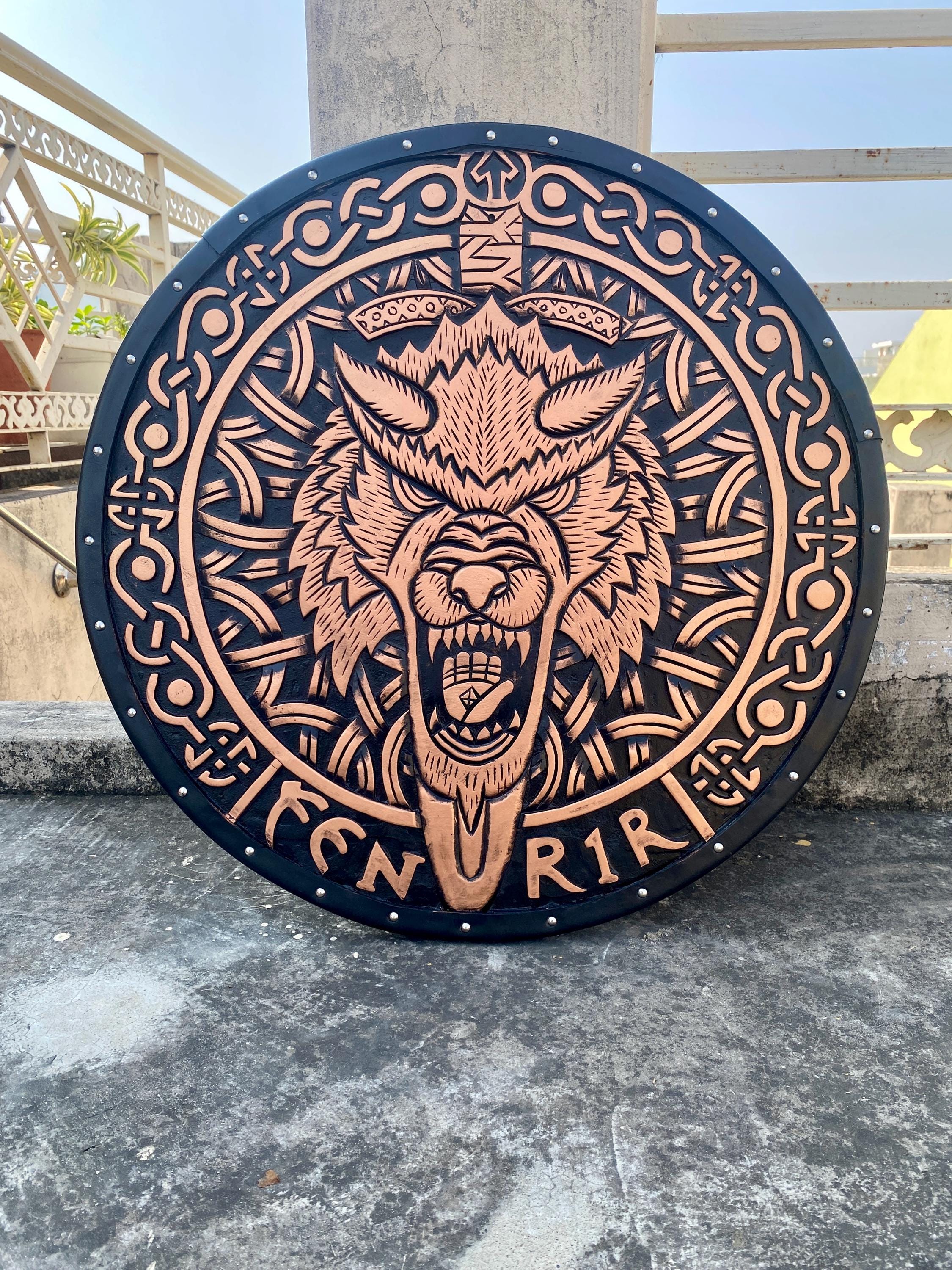 Norse Fenrir Wolf Shield | Viking Décor for Wall | Wooden Shield for LARP, Cosplay, Gifts | Nordic Mythology Art