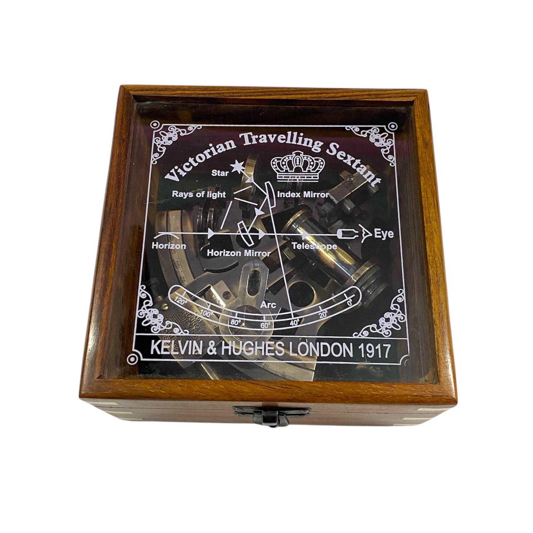 Kelvin & Hughes Brass Pocket Sextant In Wooden Box – Vintage Nautical Marine Reproduction