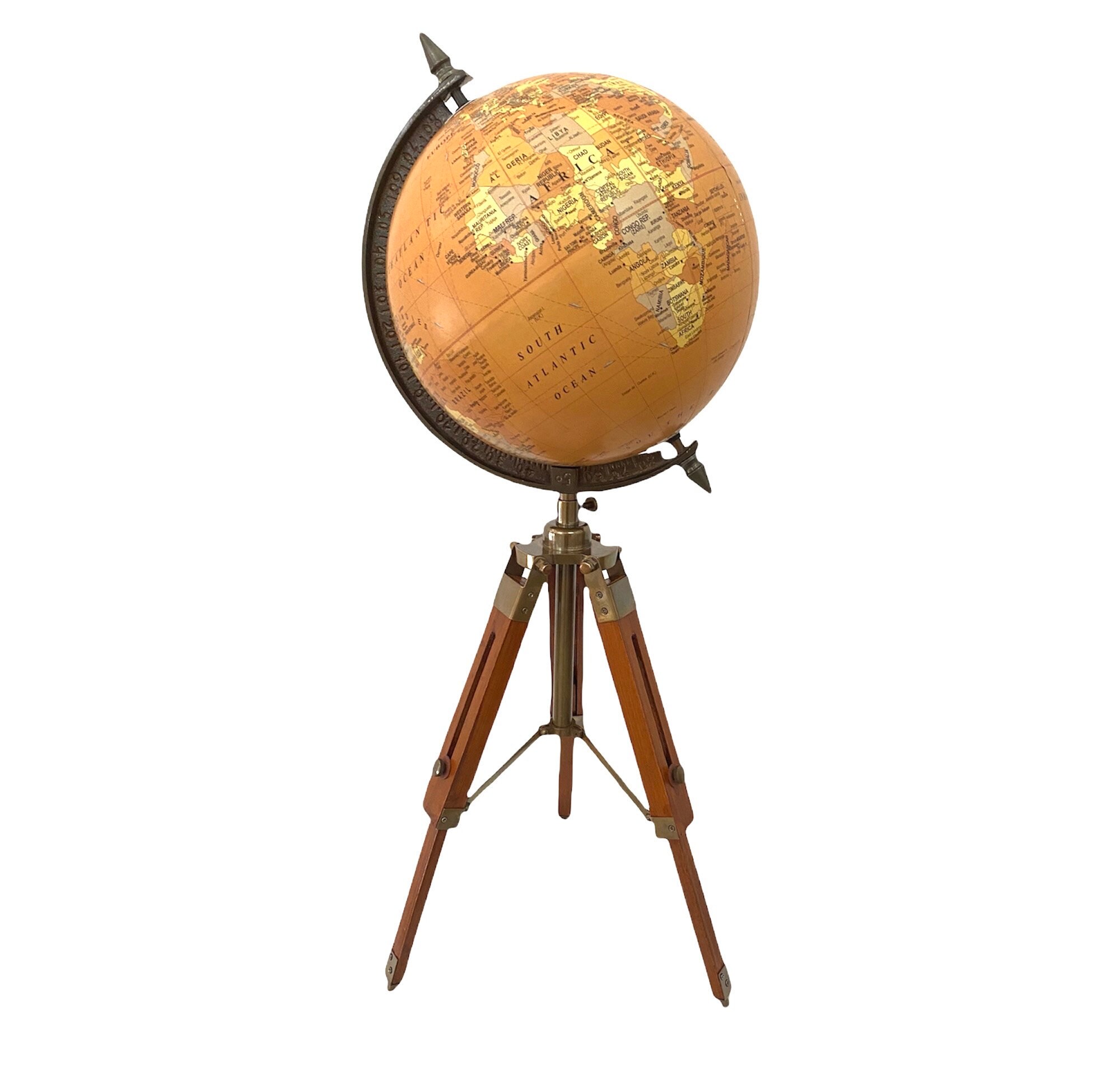 Brass Antique World Map Nautical Table Tripod GLOBE ORNAMENT With Wooden Stand 