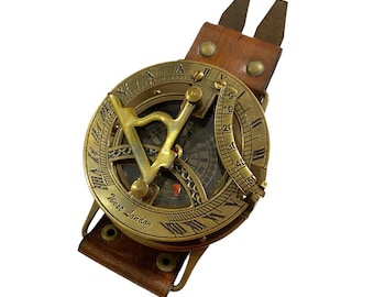 Brass Sundial Compass Handmade Leather Band/Wrist Compass and Nautical Sundial Watch/Best for Gift