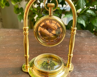 Victoria Brass Table Clock with Compass, Baptism, Birthday Gift, Anniversary Gift, Christmas Gift, Home & Office Décor Clock