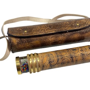 Brass Kaleidoscope with Leather Case – Steampunk Style Optical Toy – Unique Gift for Kids & Adults – Decorative Collectible Scope