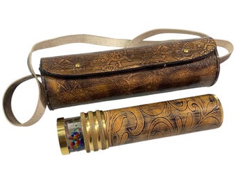 Brass Kaleidoscope with Leather Case – Steampunk Style Optical Toy – Unique Gift for Kids & Adults – Decorative Collectible Scope