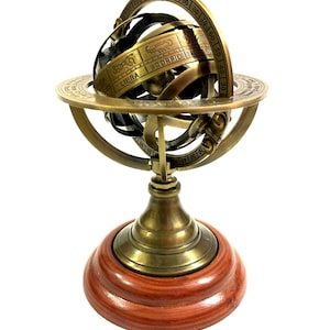 Brass Armillary Sphere Astrolabe On Wooden Base Maritime Nautical 