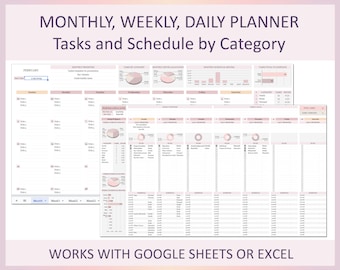 Monthly, Weekly, Daily planner, Planner Spreadsheet, Daily to do list, Digital Planner, Weekly Planner Template, Excel Planner, Google sheet