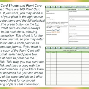 May include: A printable plant care journal template with two pages. The first page is a plant card with sections for name, location, type, water needs, and notes. The second page is a plant care journal with sections for date, location, actions, and results.