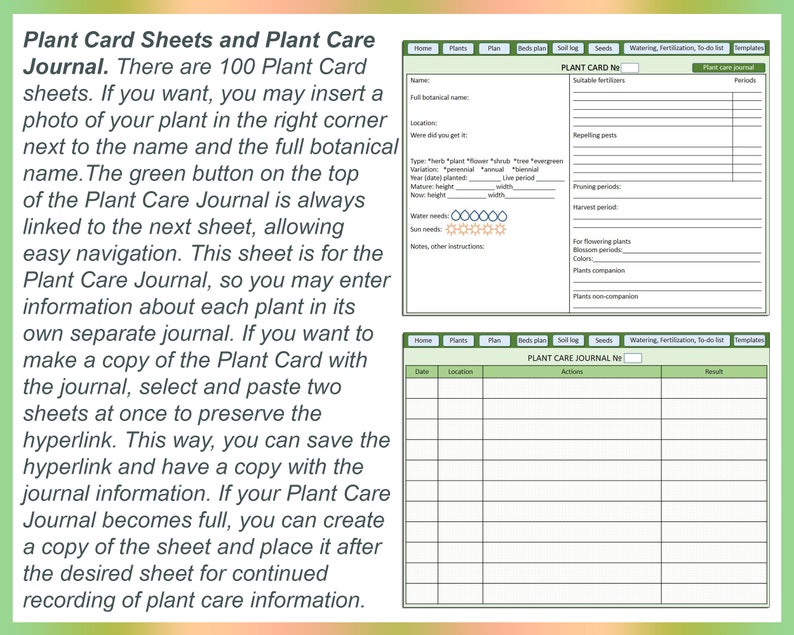 May include: A printable plant care journal template with two pages. The first page is a plant card with sections for name, location, type, water needs, and notes. The second page is a plant care journal with sections for date, location, actions, and results.