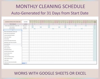 Maandelijkse schoonmaakchecklist, sjabloon voor schoonmaakschema, schoonmaakplanner, lijst met huishoudelijke taken, aanpasbaar schoonmaakplan, Excel-schoonmaak