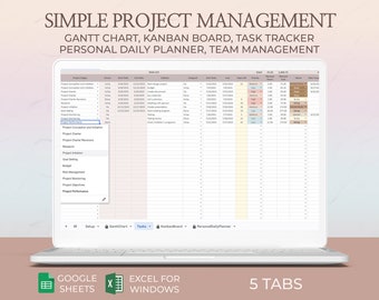 Easy Project Planning Tool with Simple Excel Planner Gantt Chart Kanban Board Template Team Task Management Spreadsheet Google Sheets
