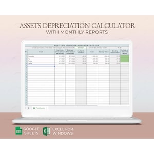 May include: A spreadsheet on a laptop screen titled "Assets Depreciation Calculator with Monthly Reports". The spreadsheet includes columns for asset, start date, end date, useful life, cost, salvage value, monthly depreciation, and include in selected month. The spreadsheet has data for a computer, fax, printer, and laptop.