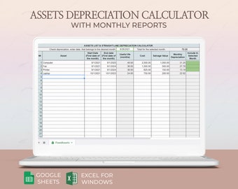 Assets Depreciation calculator, Straight line depreciation formula, Depreciation expense, Amortization, Small business, Excel, Google Sheets