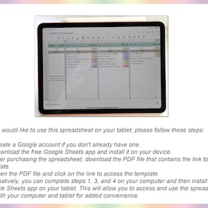 May include: A screenshot of a tablet displaying a Google Sheets spreadsheet with a goal planner template. The spreadsheet is divided into three columns: "Total Work for the Month", "Tasks", and "Total Tasks for the Month". Each column has a list of tasks with corresponding percentages.