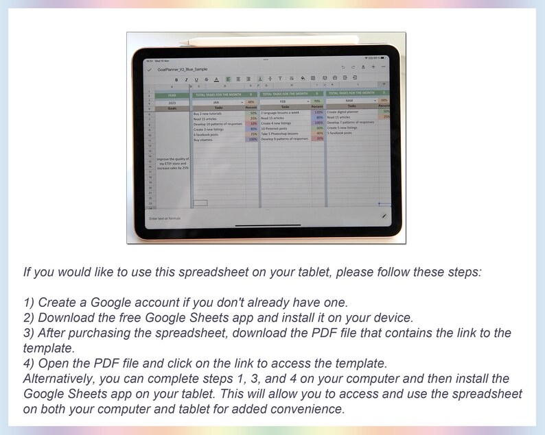 May include: A screenshot of a tablet displaying a Google Sheets spreadsheet with a goal planner template. The spreadsheet is divided into three columns: "Total Work for the Month", "Tasks", and "Total Tasks for the Month". Each column has a list of tasks with corresponding percentages.
