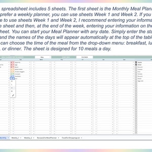 May include: A printable meal planner spreadsheet with tabs for Monthly, Weekly 1, Weekly 2, Recipes for Meal Planner, and Food for Shopping List. The spreadsheet is designed for 10 meals a day and includes a grocery list.