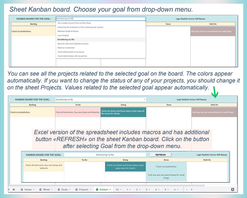 Life Planner Excel, Goal Setting, Project Planner Template, Kanban