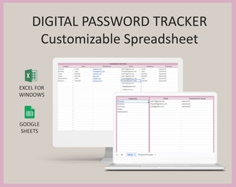 Excel Password Tracker, Password tracker template, Passwords spreadsheet, Password log, Accounts tracker, Digital tracker, Google sheets