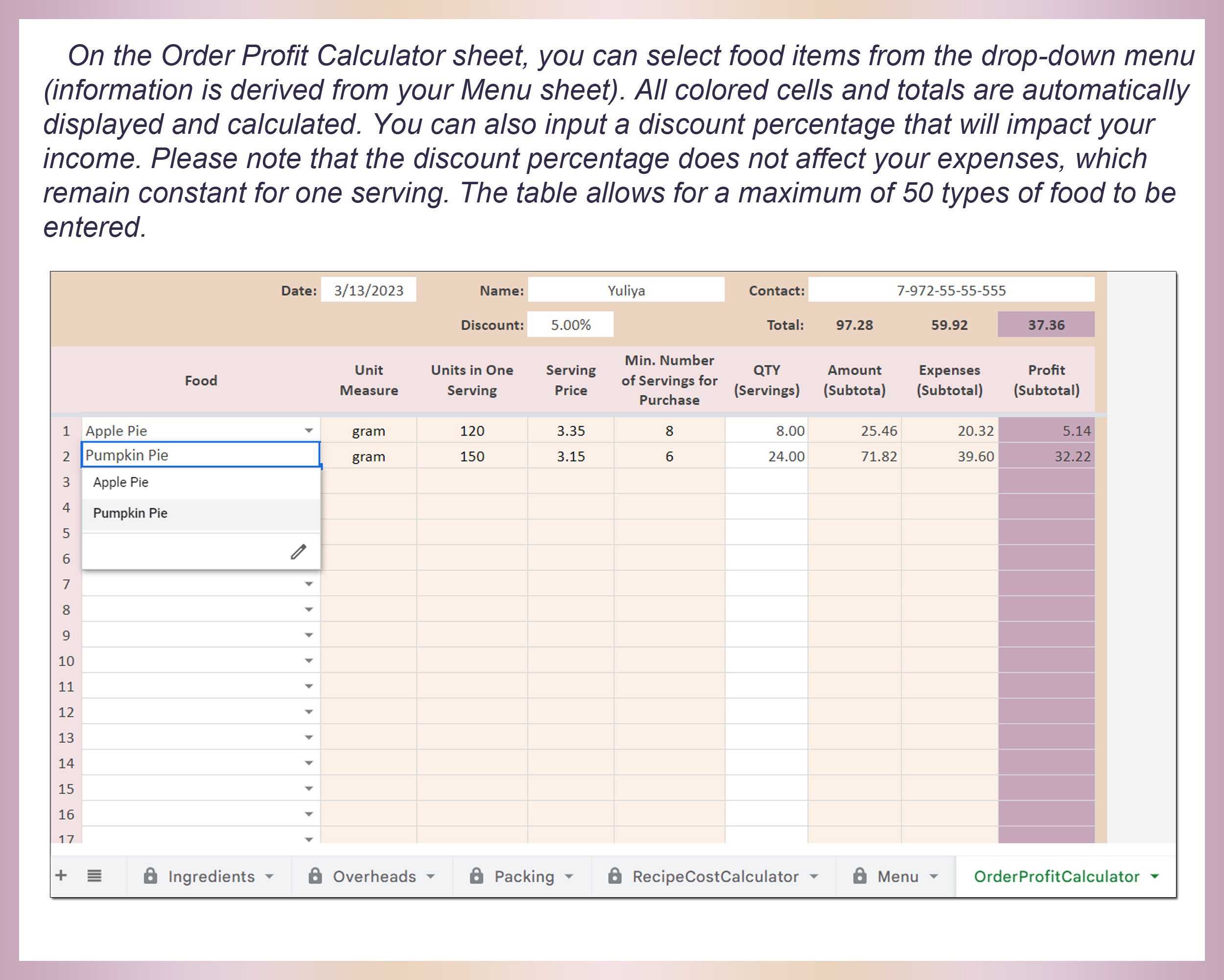 Recipe Cost Calculator Excel Template Order Profit Formula Baking Price ...
