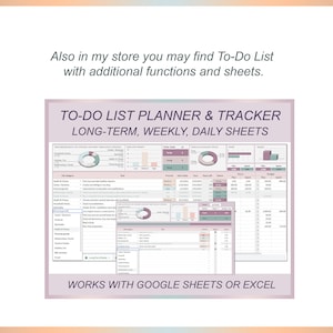 May include: A pink and gray digital planner and tracker for Google Sheets or Excel. The planner includes sections for long-term, weekly, and daily tasks. The image shows a sample of the planner with categories for health and fitness, personal growth, and finances.