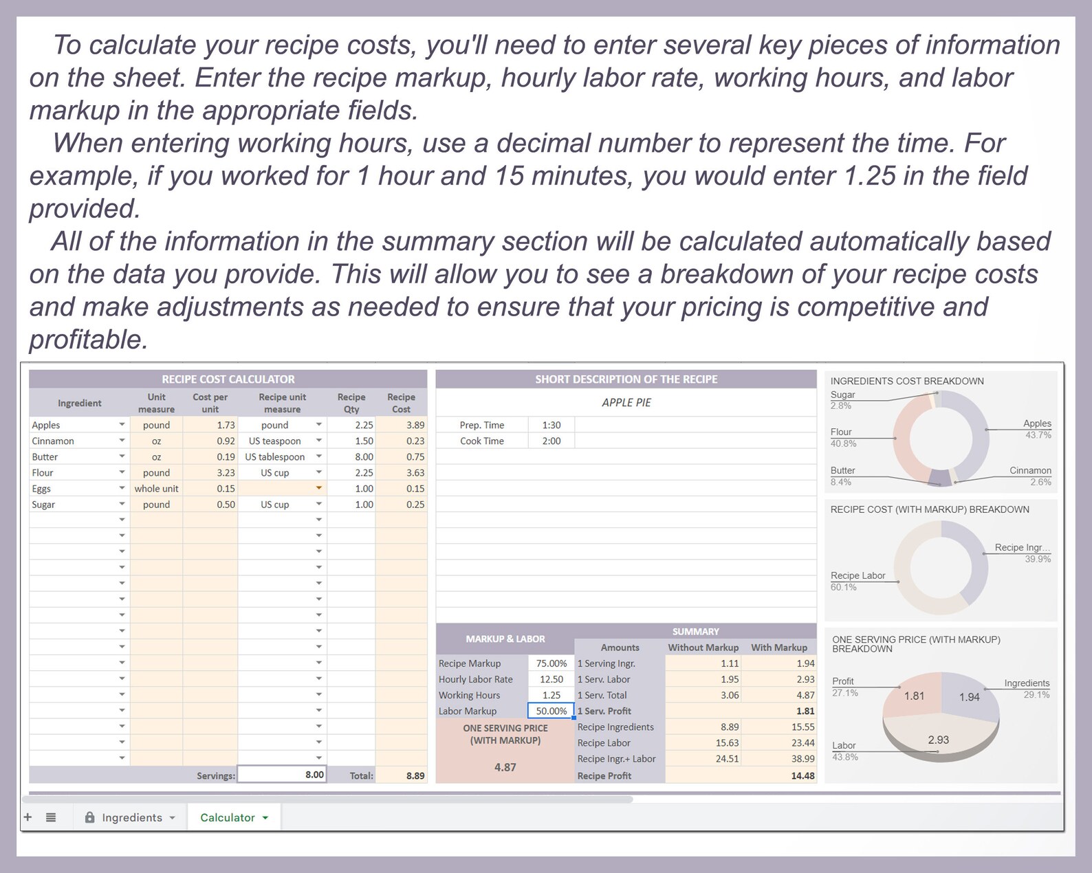 Recipe Cost Calculator Cake Pricing Template Baking Ingredient Formula ...