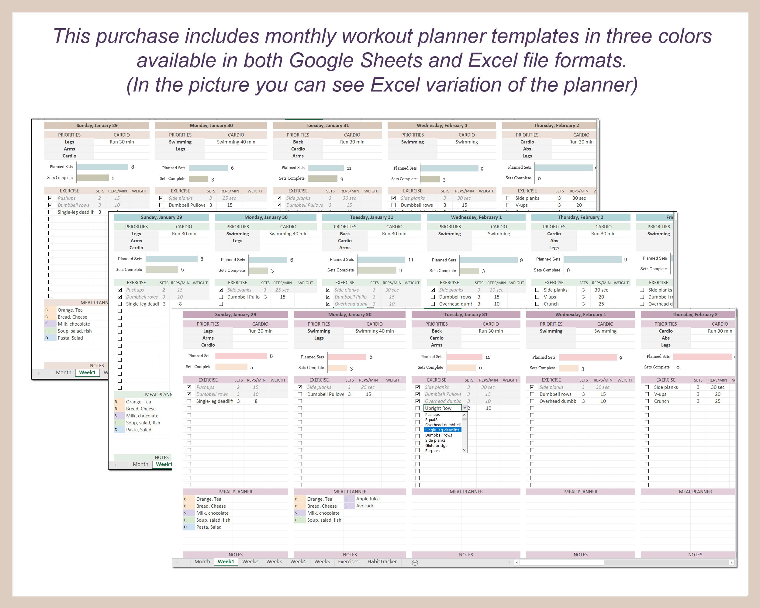 Workout Spreadsheet, Workout Schedule Excel, Workout Planner Template