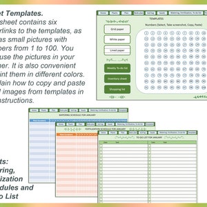 May include: A printable sheet with six hyperlinks to templates for a planner. The templates include grid paper, white paper, lined paper, a weekly to-do list, an inventory sheet, and a shopping list. The sheet also includes a grid of 100 numbered squares.
