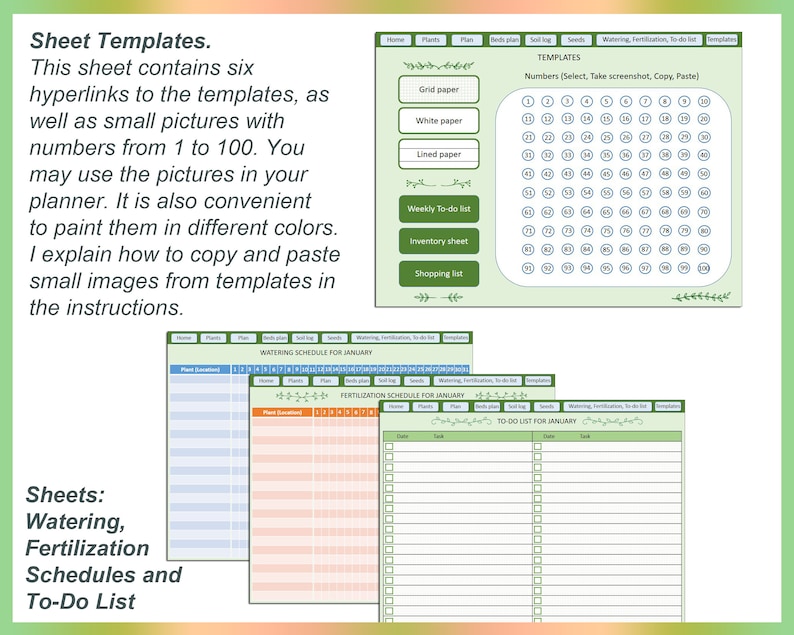 May include: A printable sheet with six hyperlinks to templates for a planner. The templates include grid paper, white paper, lined paper, a weekly to-do list, an inventory sheet, and a shopping list. The sheet also includes a grid of 100 numbered squares.