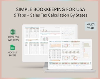 Bookkeeping template, Small business tool, Income and Expense tracker, Sales Tax Calculate, Bookkeeping spreadsheet,Excel,Google Sheets, USA