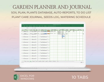 Garden planner spreadsheet, Plant care worksheet, Plants journal, Watering schedule, Soil plan; Flowers, Seeds log, Template, Garden Excel