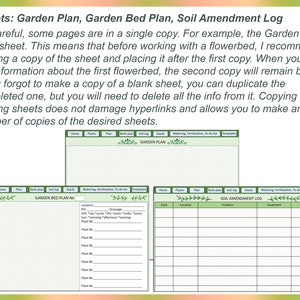 May include: Printable garden planning sheets with green borders. The sheets include sections for a garden plan, garden bed plan, and a soil amendment log. Each section has a grid for recording information.