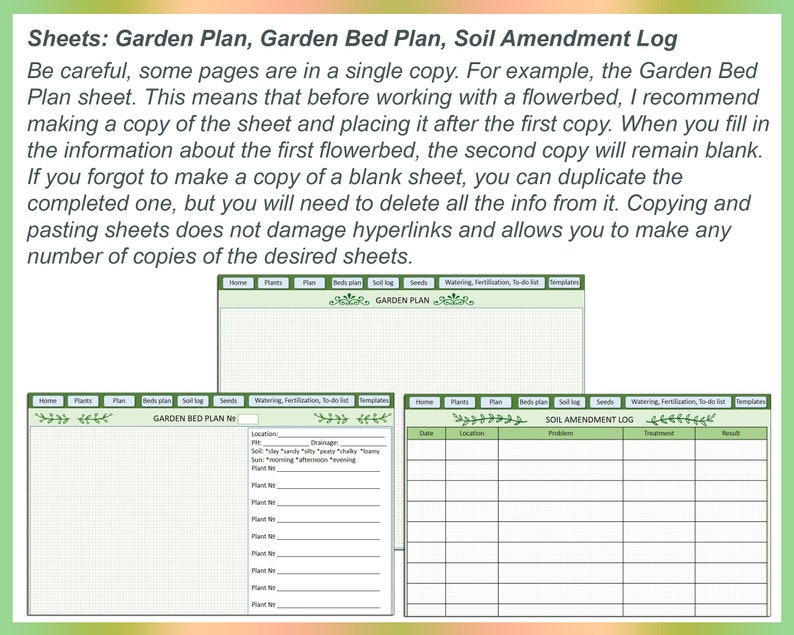 May include: Printable garden planning sheets with green borders. The sheets include sections for a garden plan, garden bed plan, and a soil amendment log. Each section has a grid for recording information.